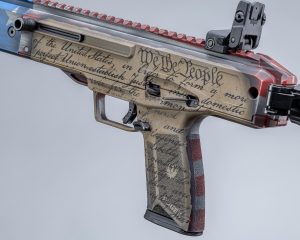 Close up of Preamble to Constitution Cerakote on a Ruger LC Carbine